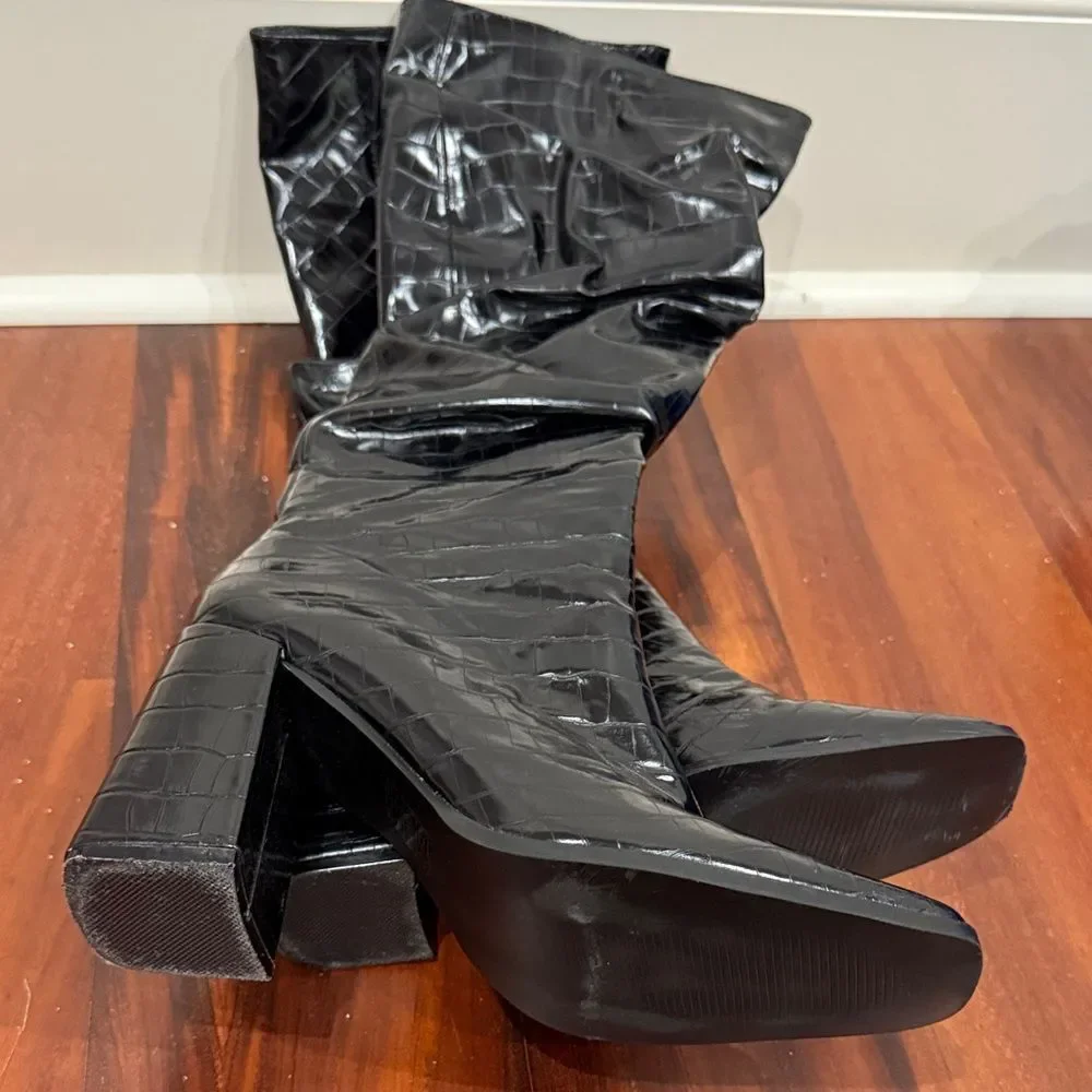 Pretty Little Thing Croc Embossed Long Ruched Boots Size 9